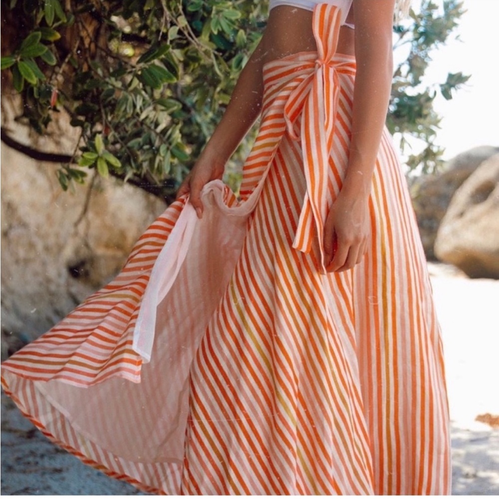 INDIGO SWIMWEAR Linen Cotton Wrap Coverup Maxi Skirt Multi Orange Striped M - Picture 2 of 8